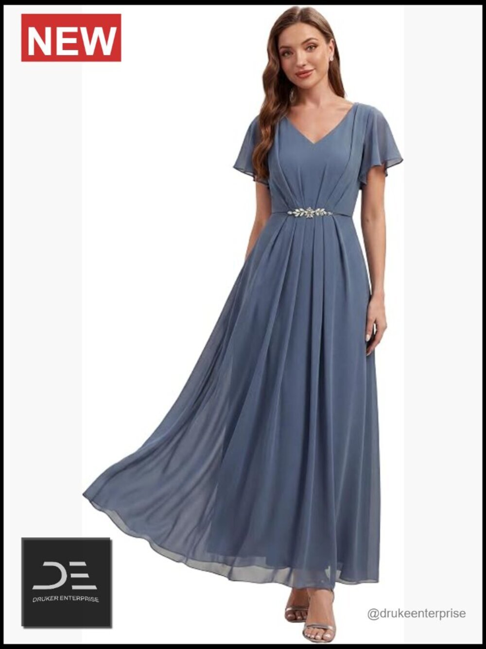 V-Neck Short Sleeve Chiffon Maxi A-Line Formal Dress with Ruffle Trim